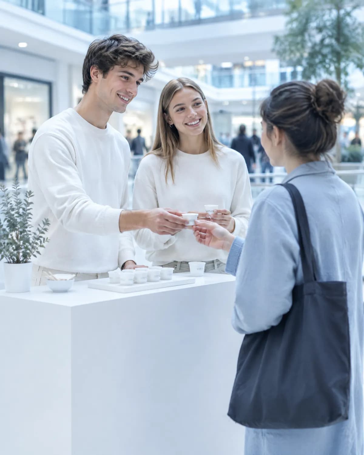 Dvoje studenata na promotivnom pultu u tržnom centru nude uzorke.